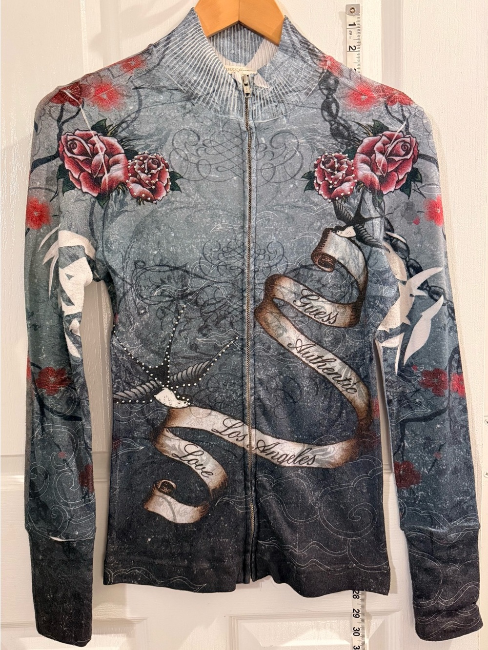 Guess Gray Floral Zip-Front Stretch Fitted Jacket Rose Accents & rhinestones